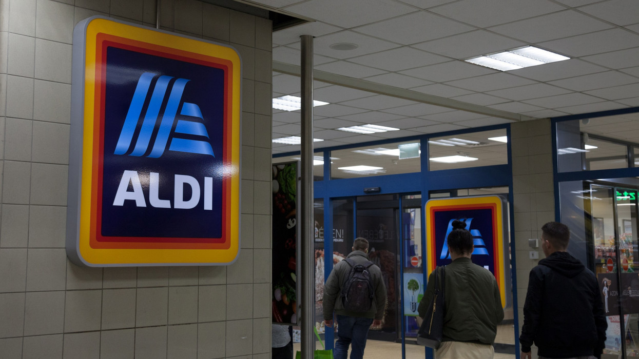Picture of the Aldi Sud sign on one of their stores of Budapest, Hungary. Aldi, or Albrecht Diskont, is a brand of two discount supermarket chains with over 10,000 stores in 20 countries